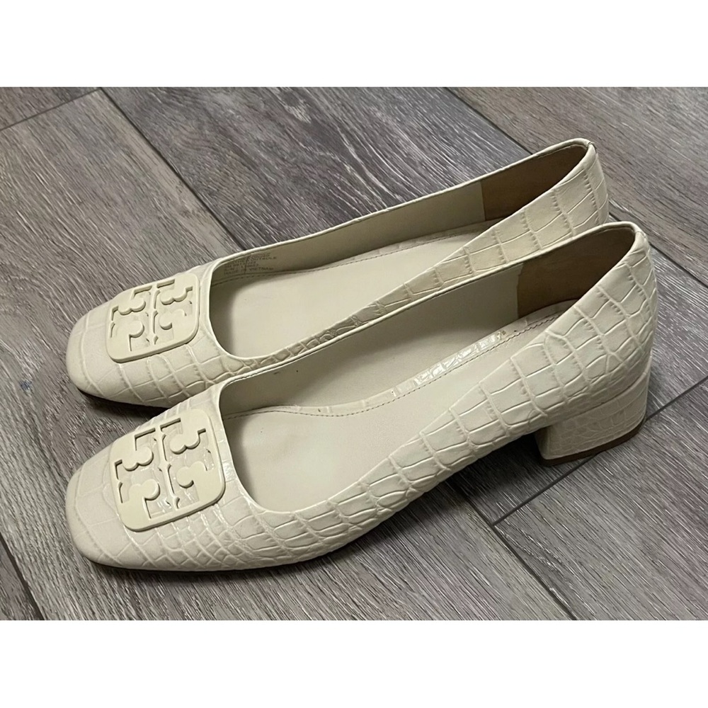 $348 Tory Burch Georgia Ivory Croc Embossed Square Toe 25mm Block Heel Pumps 9M - Picture 3 of 15